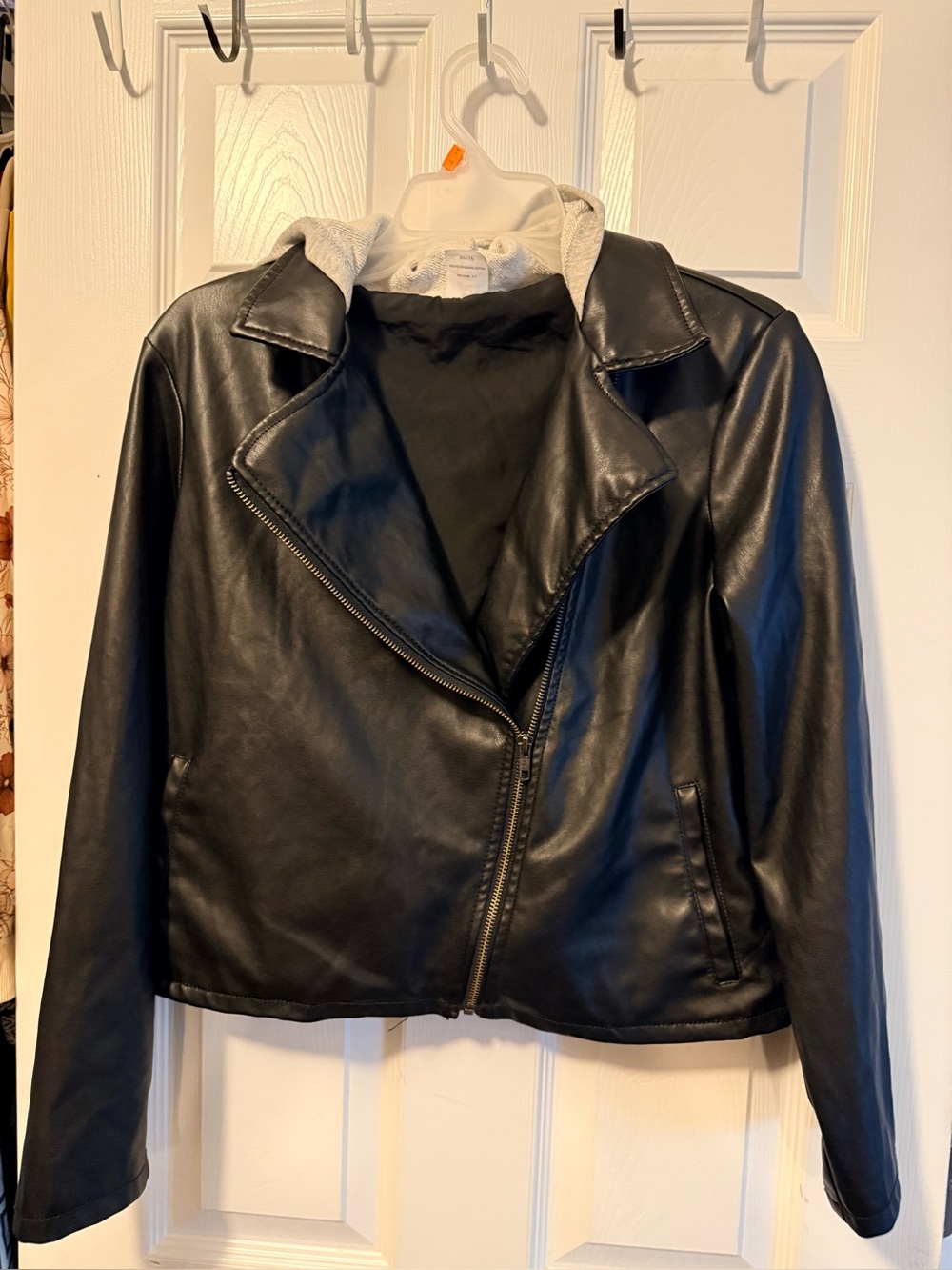 wonder nation Black Faux Leather Moto Jacket with Gray Hood Trim